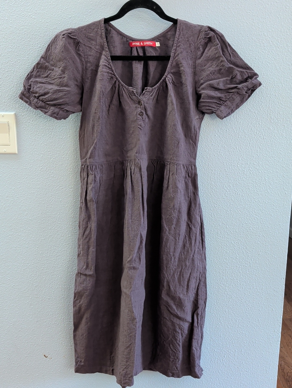 Pyne & Smith Women's Puff Sleeve Linen Midi Dress in Plum DAMAGED